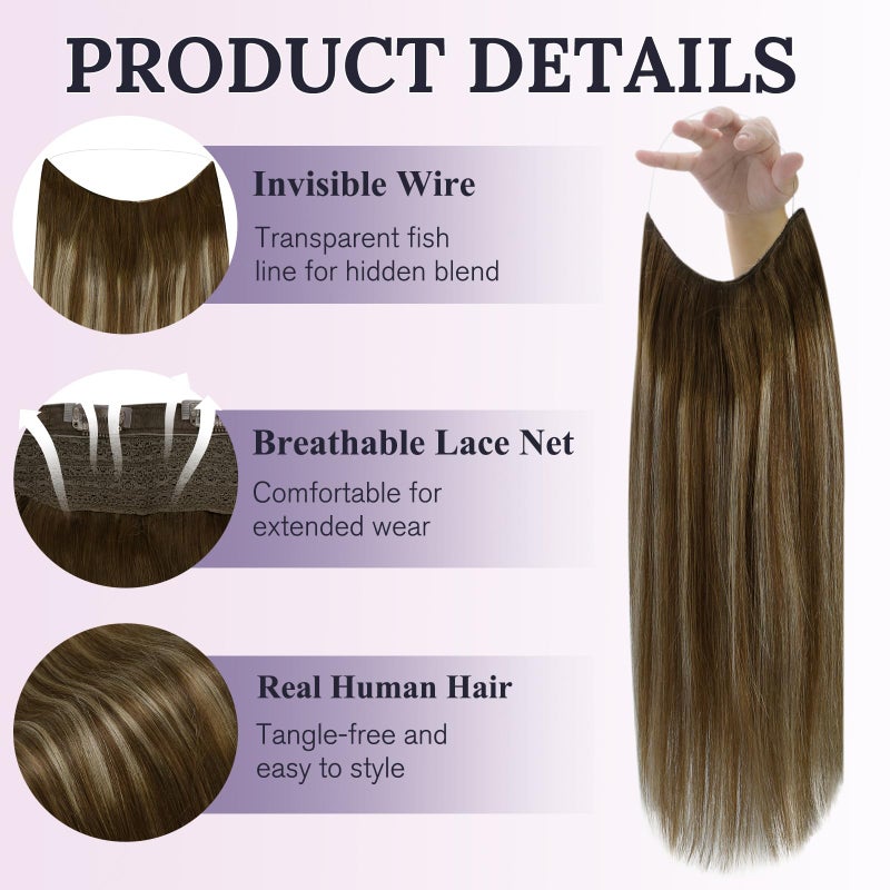 Fshine Wire Extensions Human Hair Balayage Brown to Caramel Blonde Mix Medium Brown Hidden Wire Hair Extensions 16 Inch Fish Line Real Human Hair One Piece Clip in 86 G - Image 2